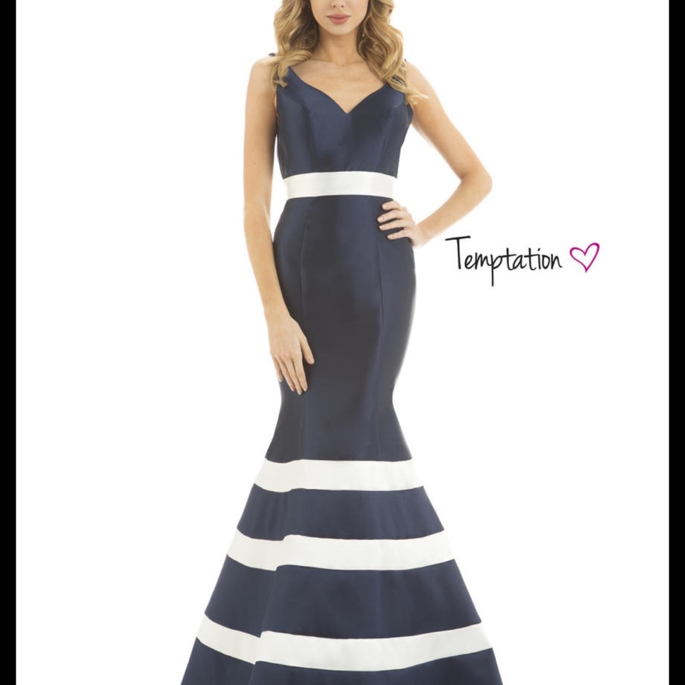 Temptations Blue and White Sleeveless V-Neck Prom Gown